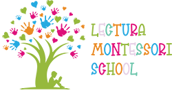 Lectura Montesorri School Logo - Tree with student sitting at base handprints as leaves