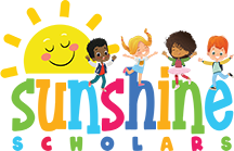 Sunshine Scholars Inc Logo with sunshine scholars wording in different colors, smiling sun and playing kids.